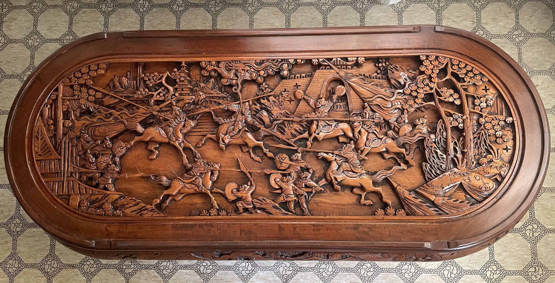 Chinese Chinoiserie Hand Carved Oval Coffee Table
