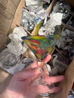 "New Mexican Hand Blown Glassware - Cobalt Blue & Confetti Martini Glasses - Fiesta Set".