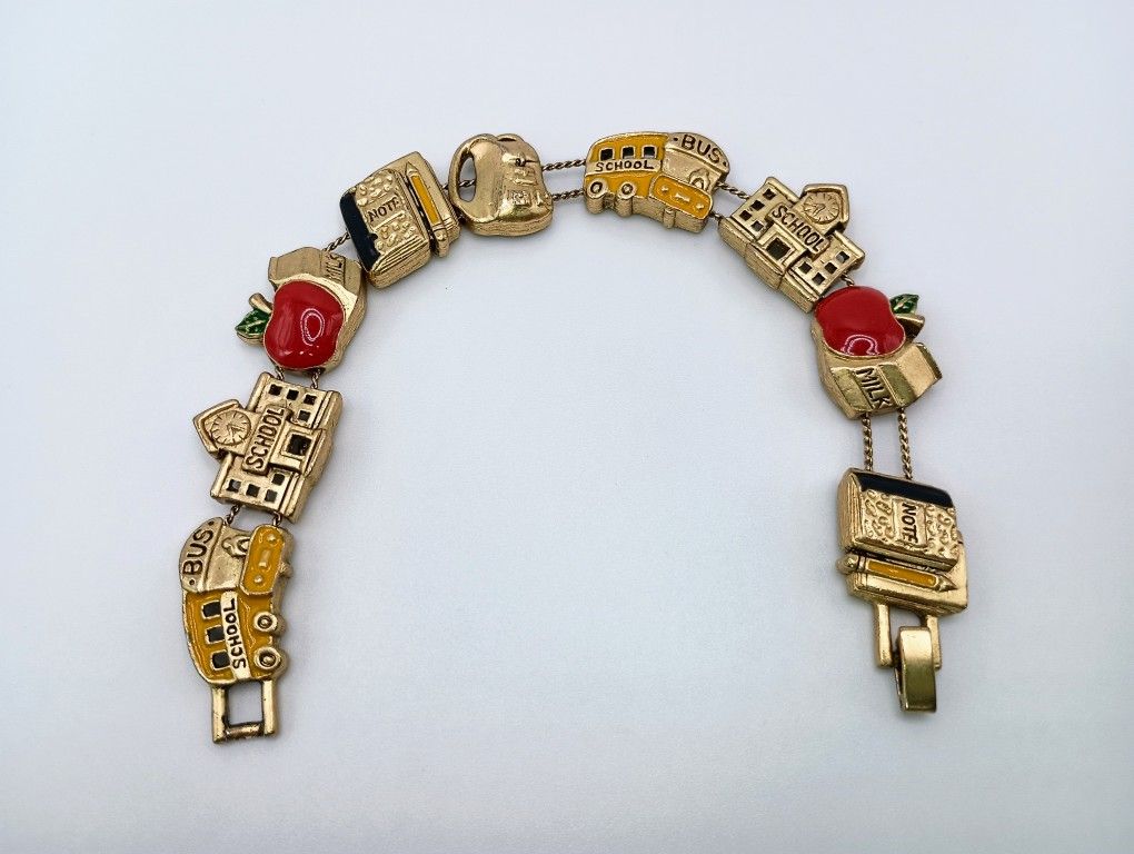 Adorable school themed charm bracelet bus apple backpack teacher notebook Whimsical Charm Bracelet