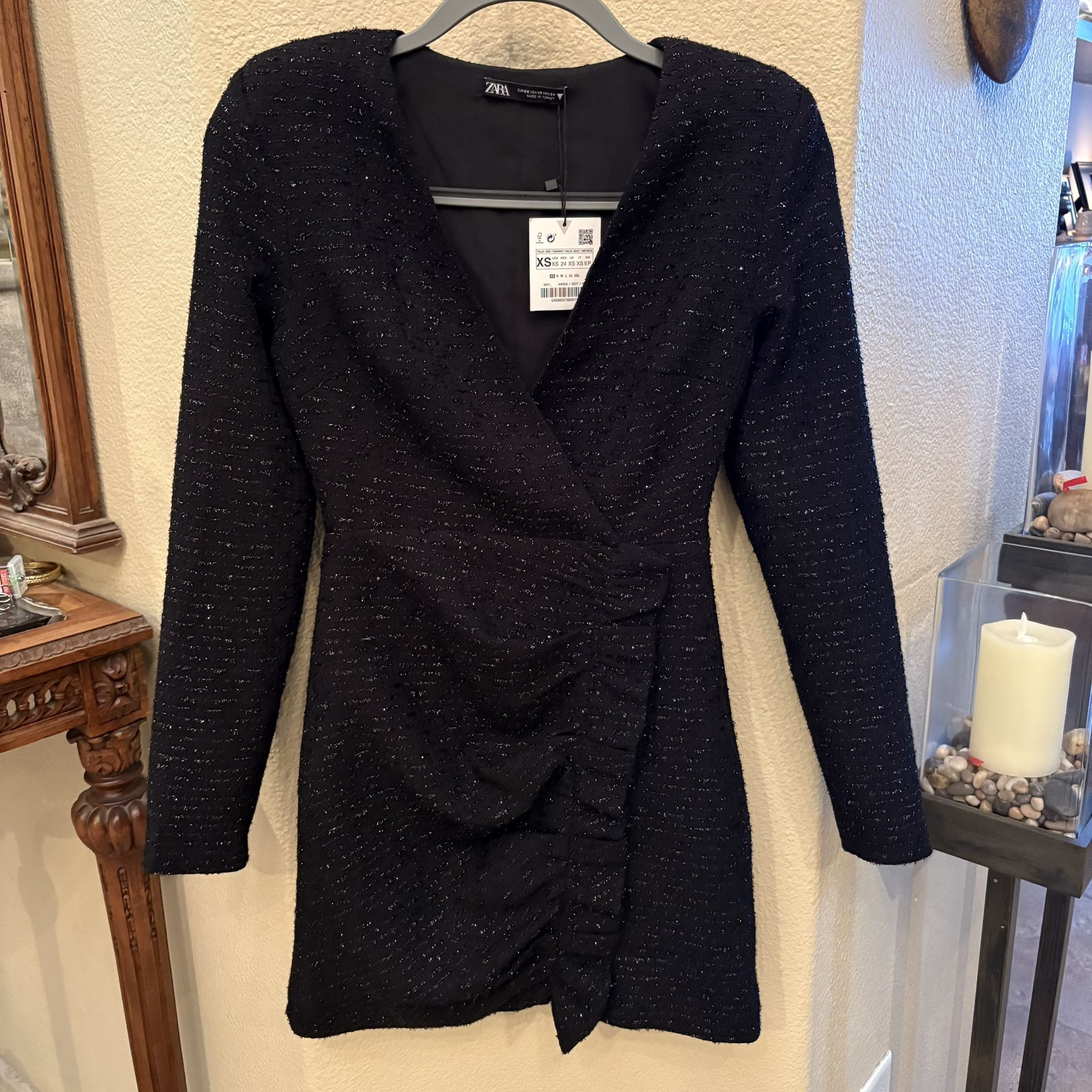 NWT~ZARA Women Black Textured Weave Sparkly Mini Party Long Sleeve Dress Size XS