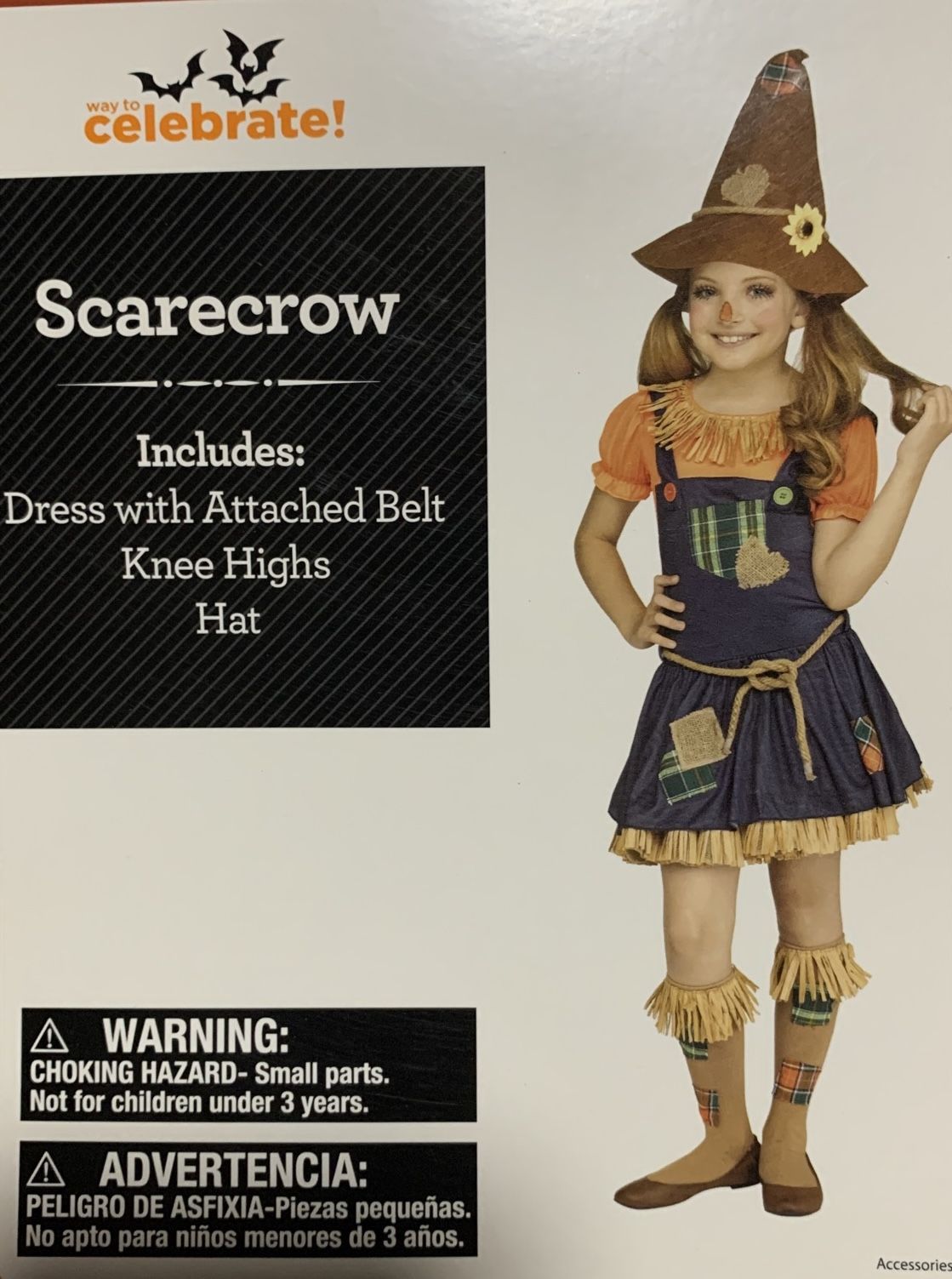 New girls size 7/8 deluxe scarecrow costume - dress with attached belt, knee highs and hat 