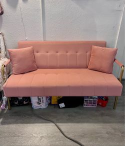 Pink Velvet Futon Sofa with Gold Arms