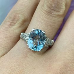 Nice Fine Ring Blue Aquamarine Stone 3.6Ct 14K White Gold Natural Diamonds