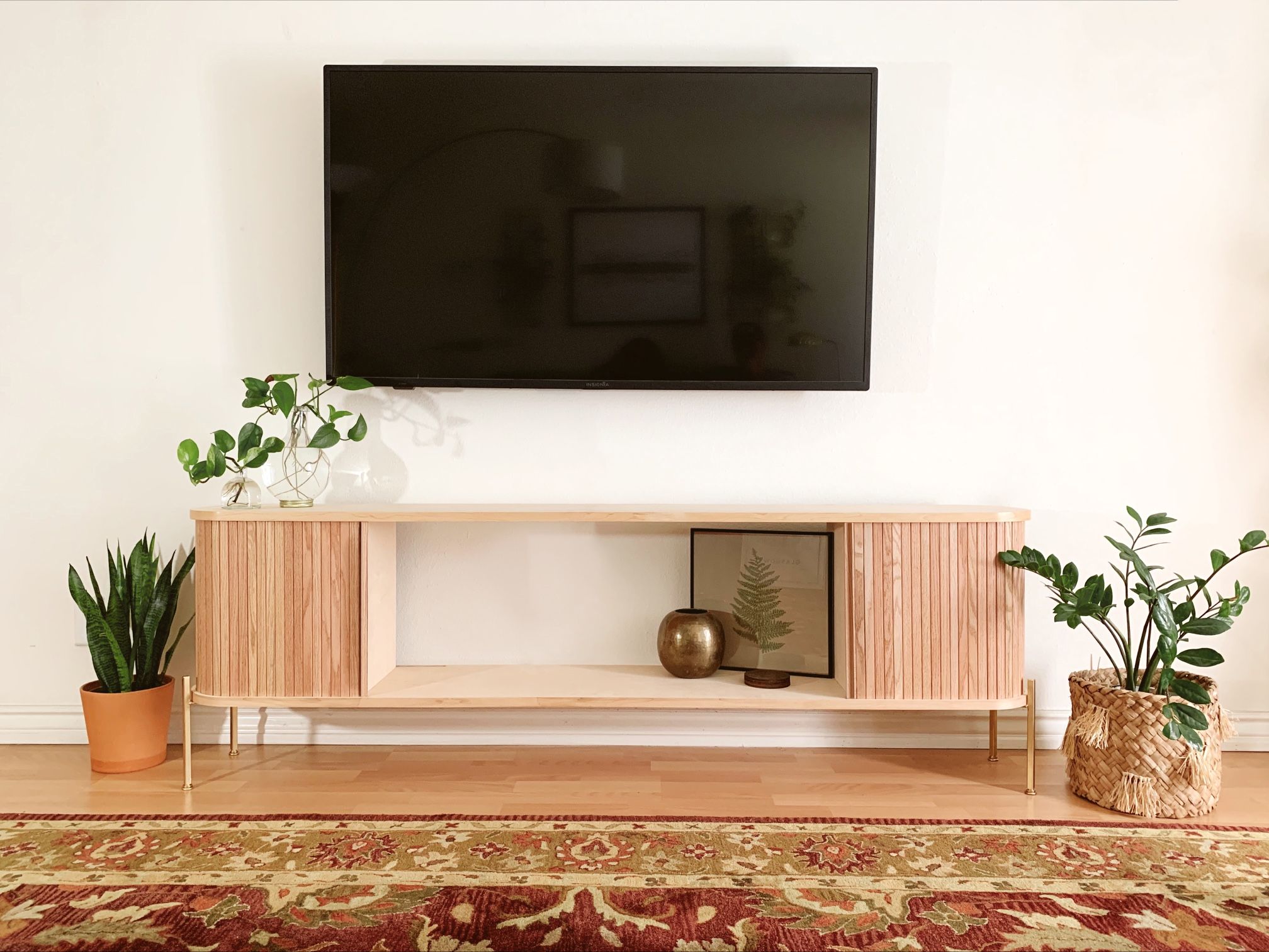 Mid-century Modern Style Low Rise Wood Credenza with Metal Legs and Tambour Sliding Panels