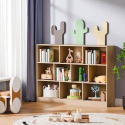 Bookshelf, 3-Tier Open Shelf Bookcase, 10 Cube Storage Organizer with Anti-Tilt Device, Freestanding Horizontal Bookshelf Cube Shelf for Bed