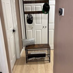 Rustic Entryway Bench w/ Coat Rack & Shoe Storage – Wood & Metal Hall Tree