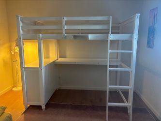 White Twin Loft Bed with Drawers + Desk Space