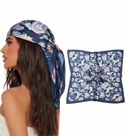 Set of 2 NWT AWAYTR 27.5" Satin Head Scarves - Dark Blue Paisley Floral Silky Bandanas