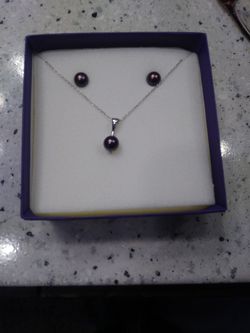 Dark Purple Fresh Water Pearl Sterling Silver Earrings And Necklace. Never Used.