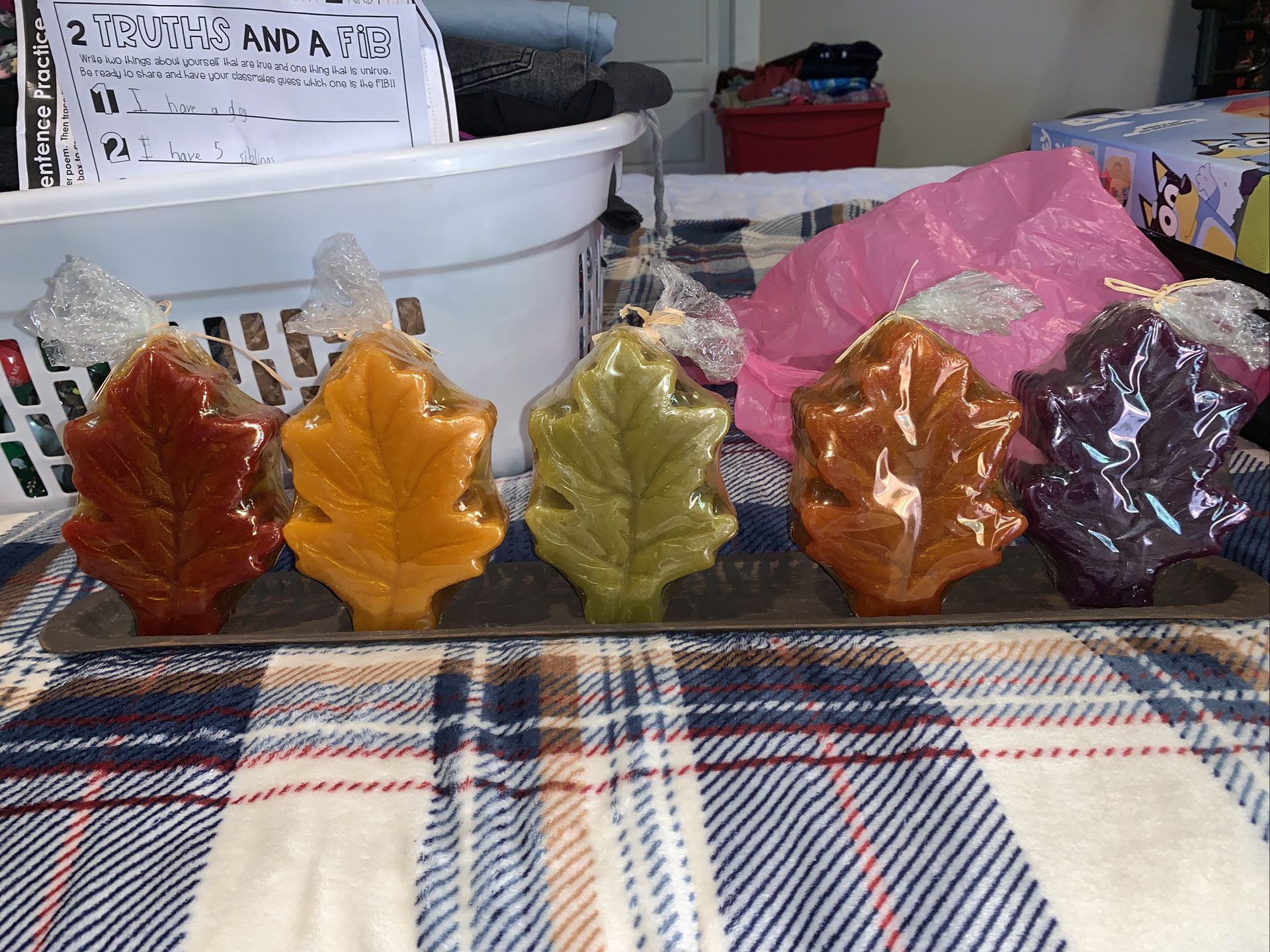 Beautiful 2’ Metal Tray Candle Holder 5 Fall Leaf Candles. Centerpiece Autumn. 