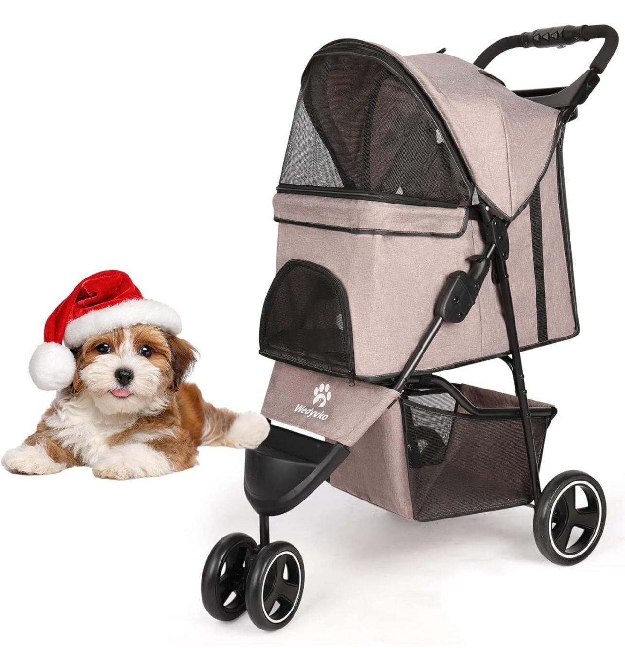 Dog Stroller, Pet Stroller for Small Dogs Cats, Up to 33 LBS with Storage Basket & Cup Holder, Coffee