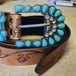Turqouise Floral Belt And Belt Buckle SHIPPING AVAILABLE 