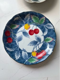 Vintage 1980s Williams Sonoma Porcelain Cute Salad Plate Blue Red Cherry Tomatoes - 7.5”