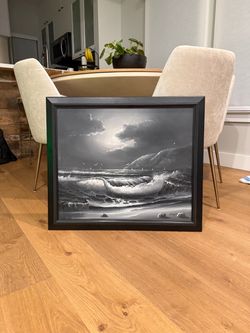 Original Signed Seascape Painting – Black & White Ocean Waves – Framed