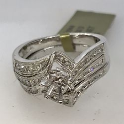 0.60 TCW Round Cut Diamond & 14K White Gold Stackable Wedding Band & Semi-Mount Setting Ring