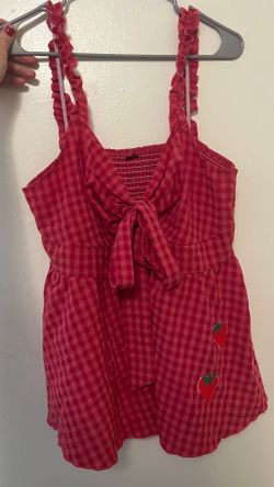 STRAWBERRY RED PLAID RUFFLE STRAPS AND BOW TIE FRONT TOP