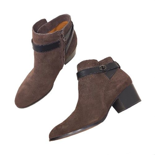 Coach Women's Ankle Boots Patricia Brown Suede Leather Block Heel Turnlock Shoes