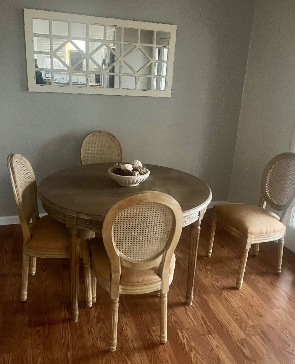 Classic French Country Dining Chairs Upholstered with Rattan Backs