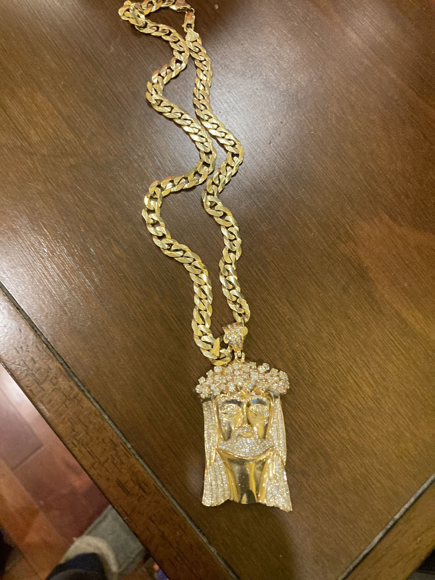 Diamond Jesus Piece with Cuban Gold Chain On