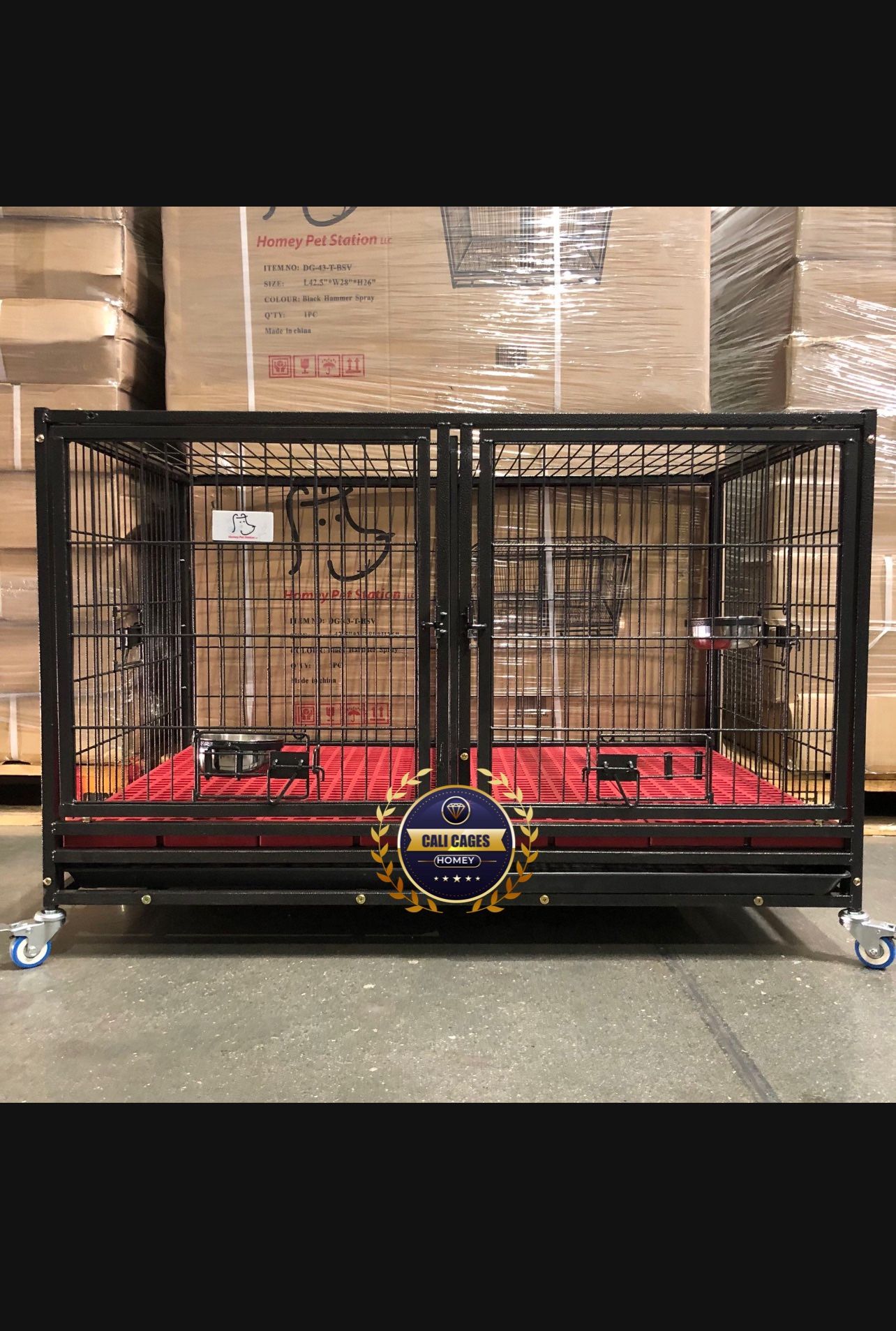 Dog Pet Cage Kennel Size 43” With Divdier Trays And Feeding Bowls