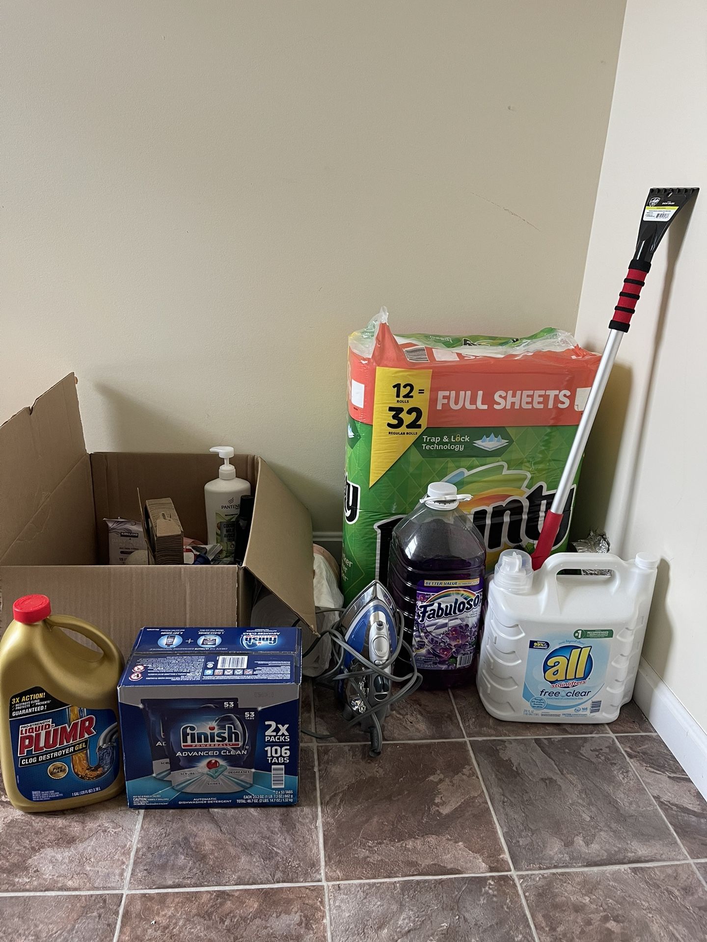 Household Bundle For Sale - Bounty, Snow Brush, Dishwasher Pods, Toothpaste, Iron