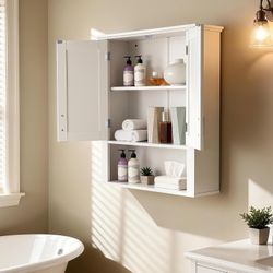 New White Wooden Bathroom Kitchen Wall Cabinet Storage 2Doors 3 Organizer Shelves
