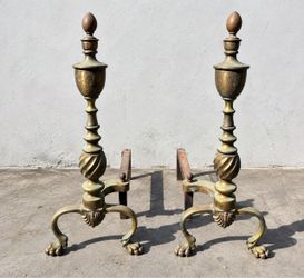 Vintage Brass Fireplace Andirons – Ornate Paw Feet – Matching Pair