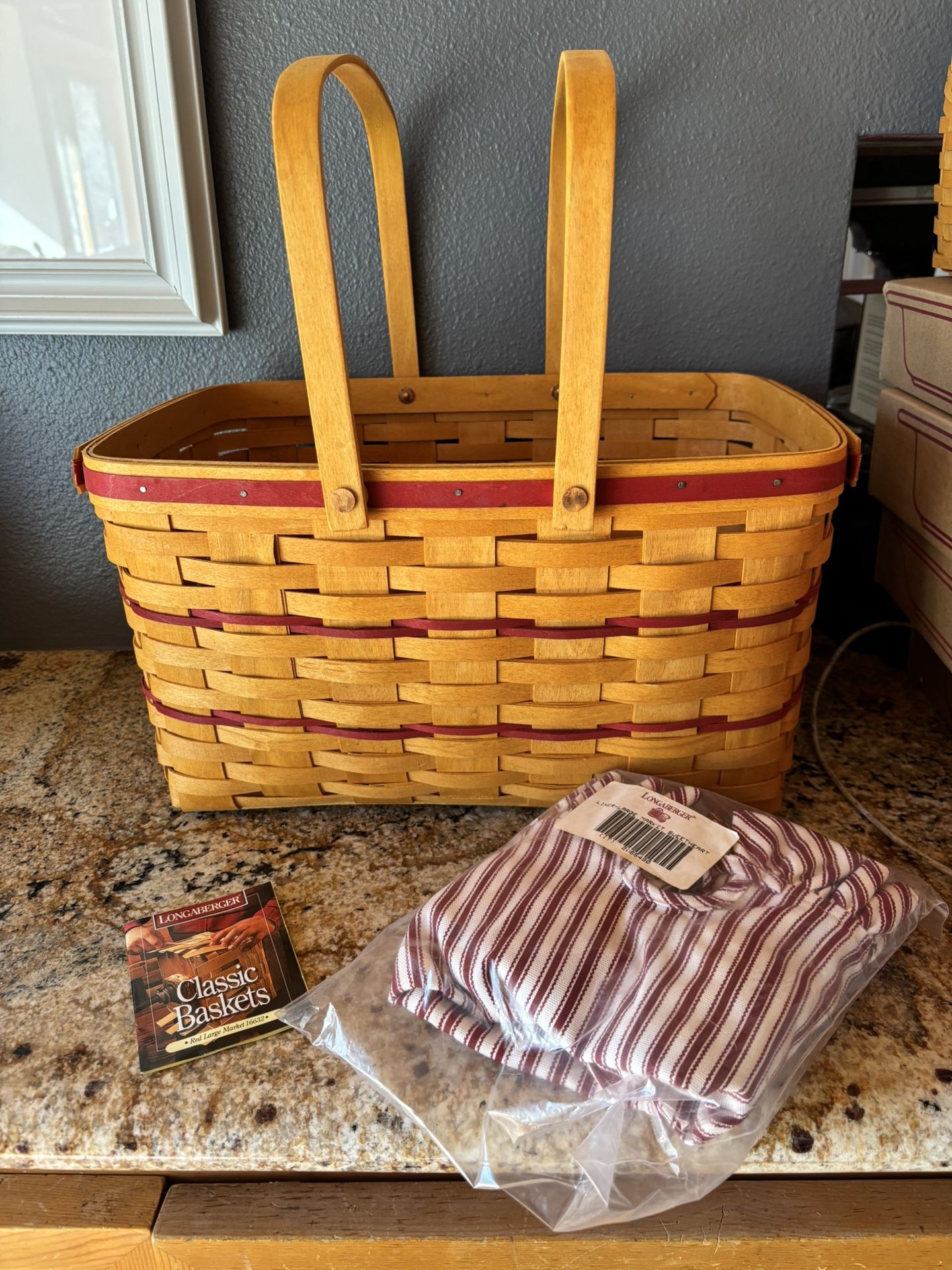 Longaberger NWT Vintage Red Weave 2 Swinging Handles Large Market Basket