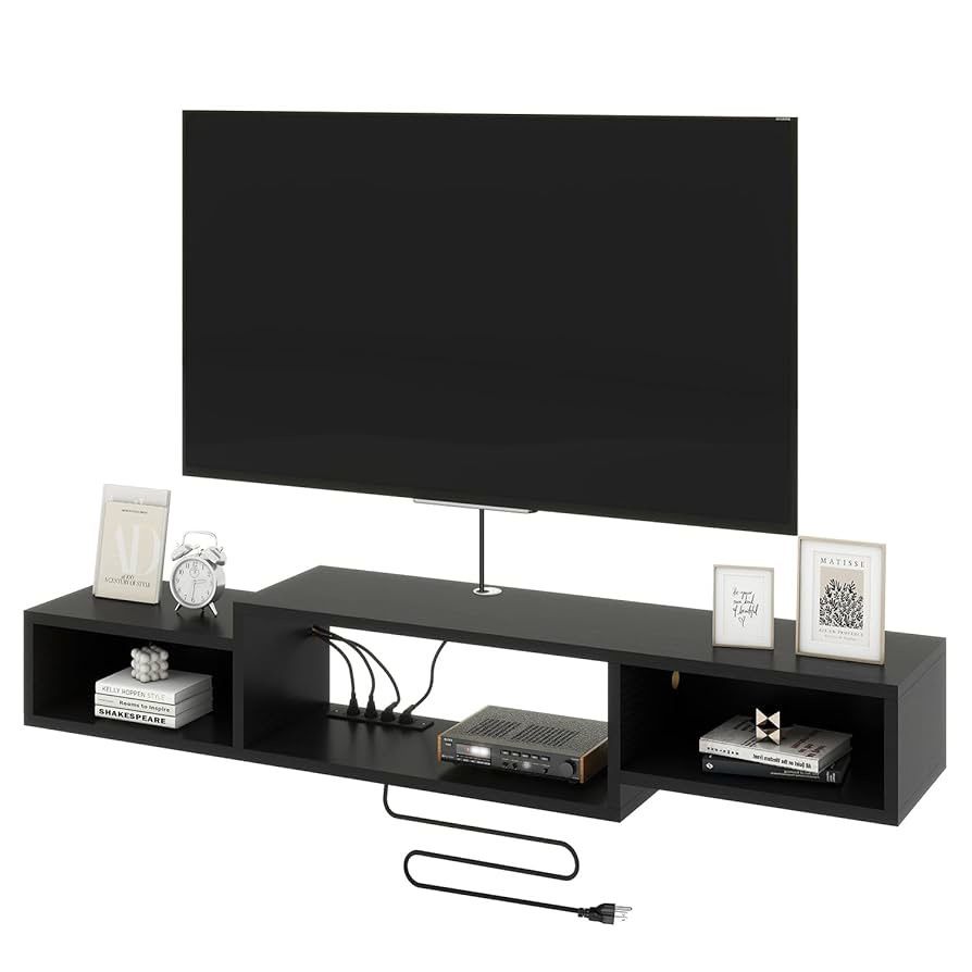 59" Floating TV Stand Wall Mounted with Power Outlet,Wood Wall Mounted Media Console Shelf,Floating Entertainment Center for Under TV Storage for Livi
