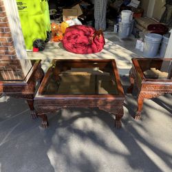 Hand Carved Set Of Wooden Tables.