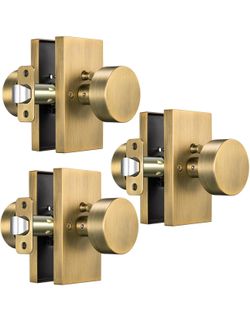 3 Pack Antique Brass Door Knobs, Vintage Privacy Door Knob Interior, Rectangular Modern Door Handle for Bedroom, Bathroom, Study, Office, Left or Righ