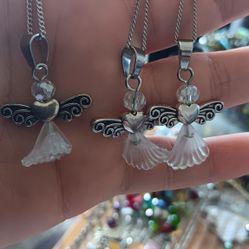 Three White Angels On Silver Chain Necklace