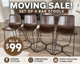 Moving Sale – Set of 4 Modern Brown Faux Leather Bar Stools – $99
