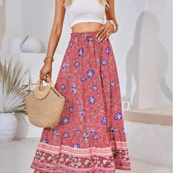 Zesica Women's Boho Floral Maxi Skirt Size Medium w/ pockets Multicolor red purple