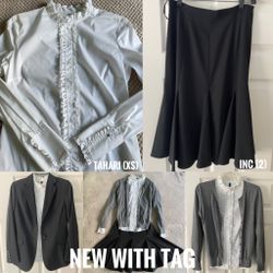 New Women’s Tahari White Ruffled Shirt + Black Mid Length Flared Skirt
