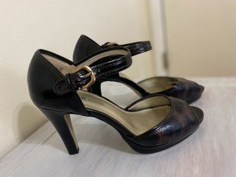 Anne Klein Leopard Print Black Open Toe Shoes Women's 8 1/2