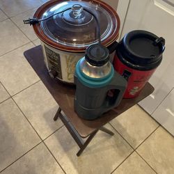 CROCKPOT WORKS,  2  THERMOS, WOOD TV TRAY 