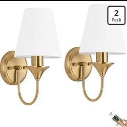 Brass Battery Wall Sconces Battery Operated Wall Lights Set of Two with Rechargeable Bulbs & Remote, Wireless Gold Battery Powered Wall Sconce
