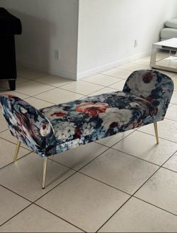 floral velvet-style accent bench with gold metal legs
