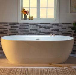 B0059，72" Acrylic Freestanding Bathtub Contemporary Soaking White Tub with Brushed Nickel Overflow and Drain