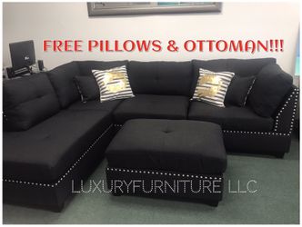 New black sofa sectional studded with ottoman & 4 pillows