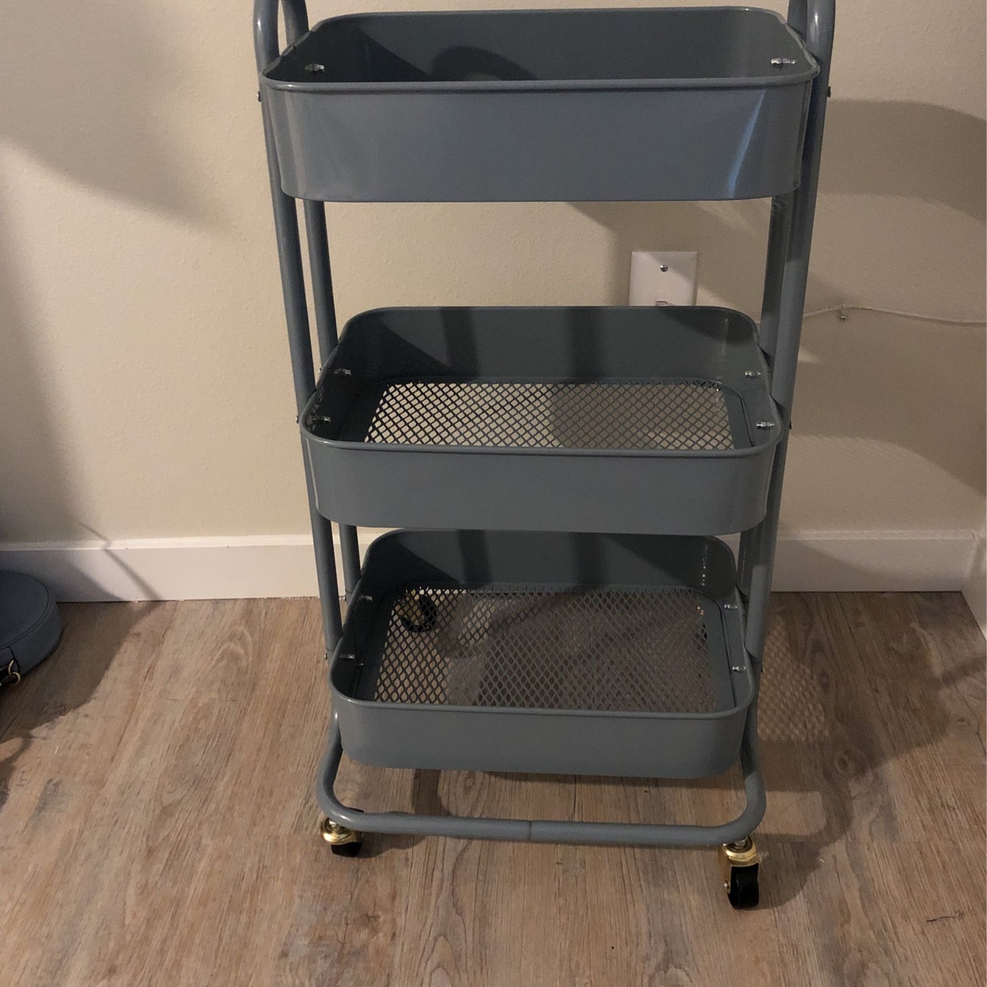 Blue 3-tiered utility cart, medium sized with wheels