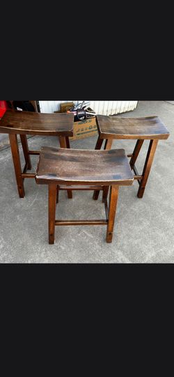 Set of 3 Wood Saddle Seat Bar Stools