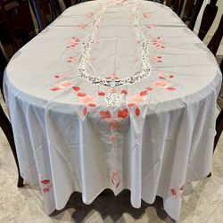 Vintage 144” x 72” Rectangular Tablecloth Hand Embroidered Appliqué Crochet white with Pink Flowers and 12 Napkins 