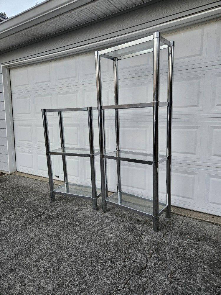 Vintage 2 Mid-Century Tubular Etagere Display Shelving Chrome and Glass Shelves
