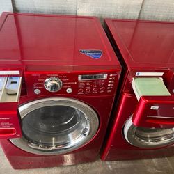 Red LG Front Load Washer And Stackable Gas Dryer Set With Steam 