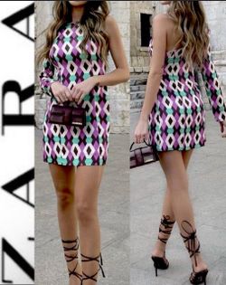 Zara blogger’s favorite silk effect One-Shoulder Geometric Retro Mini Dress L,