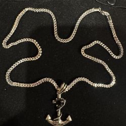 925 SILVER - 20 Inch - 2.5mm FRANCO CHAIN w 925 SILVER ANCHOR PENDANT w BLACK ONYX  SOLITAIRE  