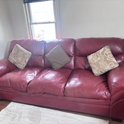 THREE PIECE LEATHER BURGUNDY COUCH SET