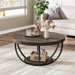 Round Coffee Table, 31.7 Inch, 2-Tier Wooden Circular Coffee Table with Storage Shelves, Modern Cocktail Center Table , Gray ✳️read Description ‼️